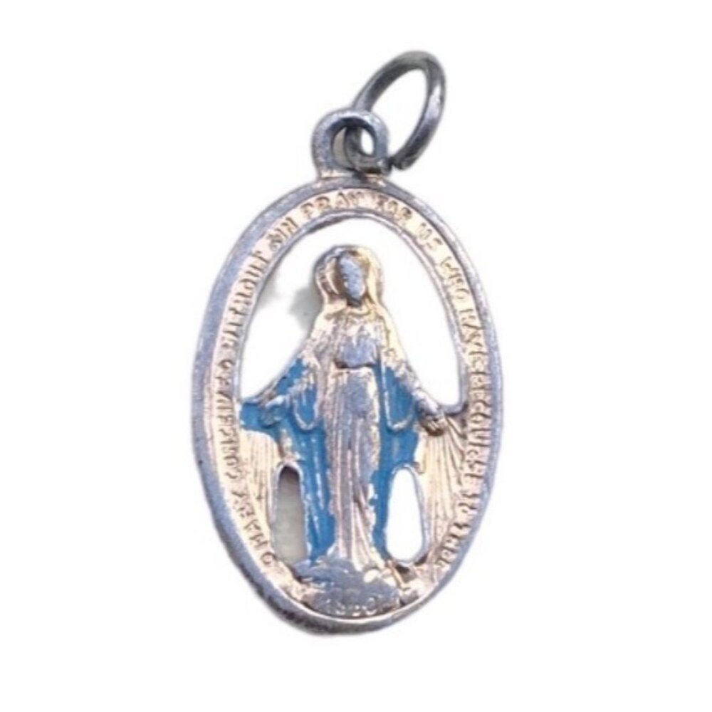 Vintage Sterling Silver Miraculous Medal Pendant With Blue Enamel Accents